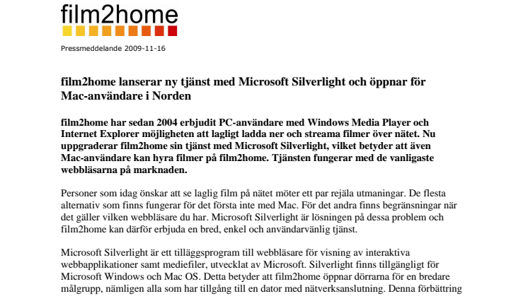 film2home lanserar ny tjänst med Microsoft Silverlight och öppnar för Mac-användare i Norden