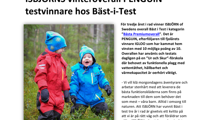 ISBJÖRNS vinteroverall PENGUIN testvinnare hos Bäst-i-Test - 10 poäng av 10 möjliga