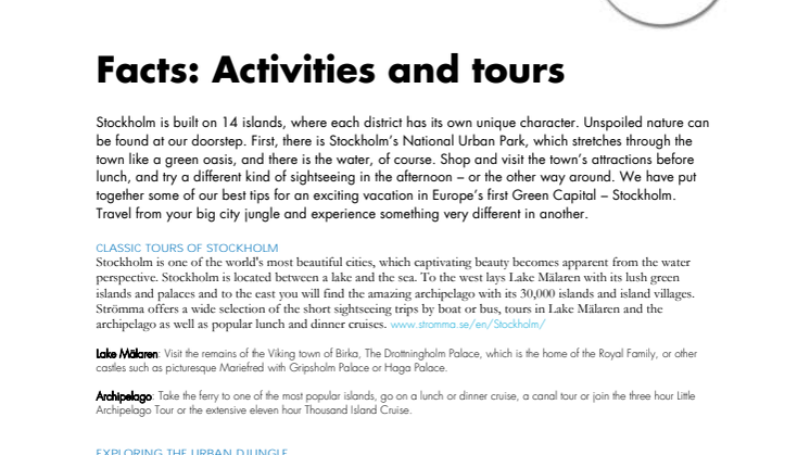 Facts: About activities and tours in Stockholm
