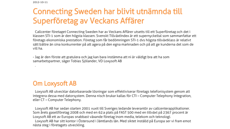 Connecting Sweden har blivit utnämnda till Superföretag av Veckans Affärer