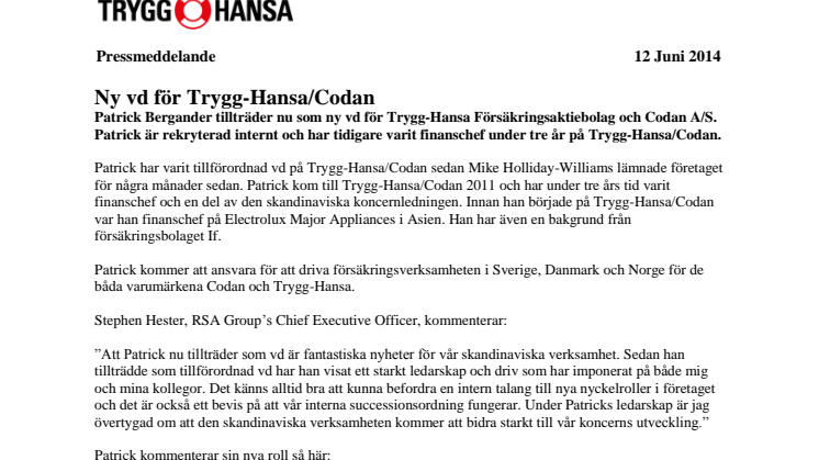 Ny vd för Trygg-Hansa/Codan