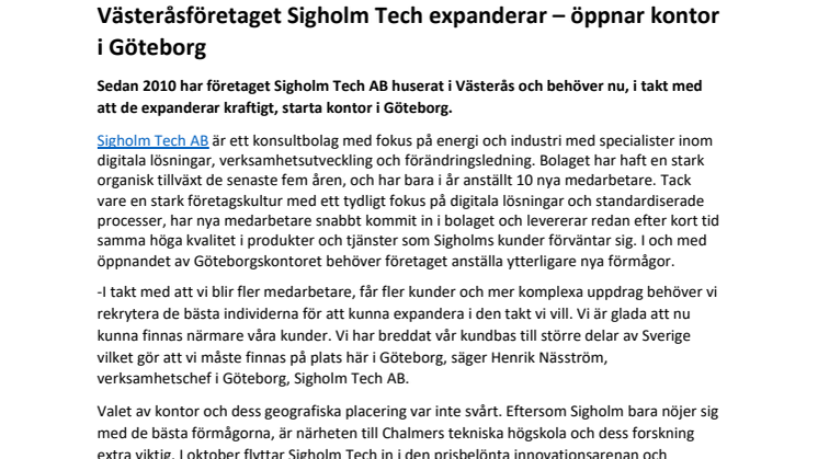 Västeråsföretaget Sigholm Tech expanderar – öppnar kontor i Göteborg