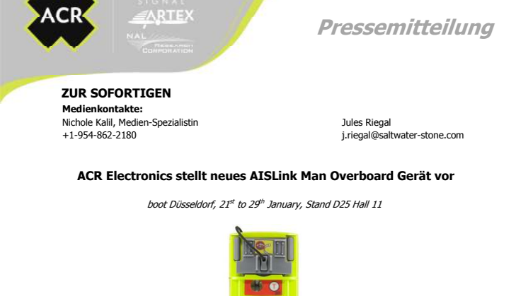boot Dϋsseldorf - ACR Electronics: ACR Electronics stellt neues AISLink Man Overboard Gerät vor