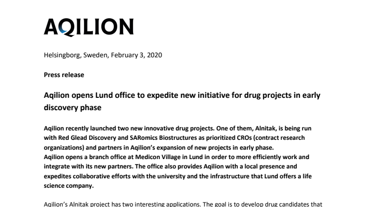 Aqilion opens Lund office to expedite new initiative for drug projects in early discovery phase 