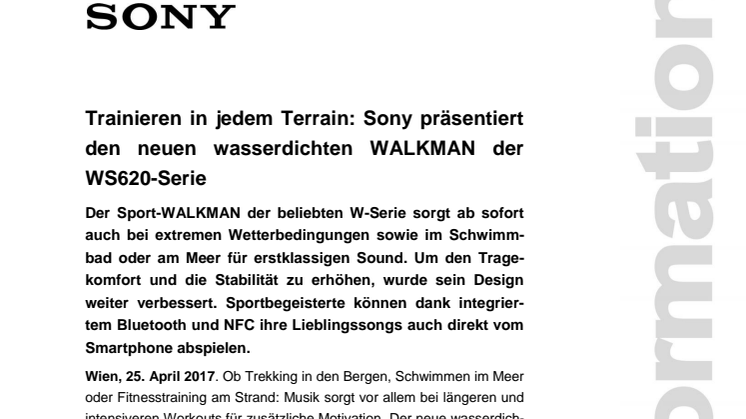 Trainieren in jedem Terrain: Sony präsentiert den neuen wasserdichten WALKMAN der WS620-Serie