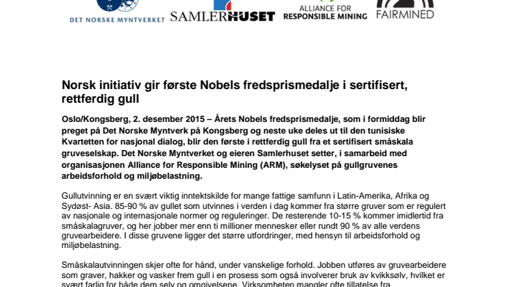 Norsk initiativ gir første Nobels fredsprismedalje i sertifisert, rettferdig gull