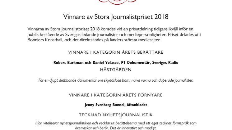 Vinnare av Stora Journalistpriset 2018