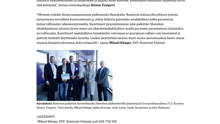 Ramirent valittiin voittajaksi Skanskan työturvallisuusviikon ideakilpailussa Suomessa