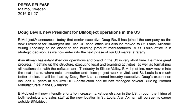 Doug Bevill, new President for BIMobject operations in the US
