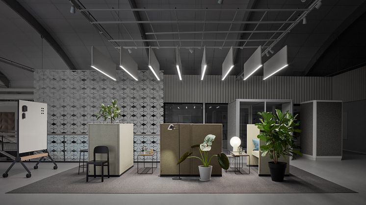 DPJ Workspace verwendet 3D-Visualisierungen für eine effektive Bürogestaltung. Produkte im Bild Abstracta My hive, Trumpet, Airbloom, Plenty pod.