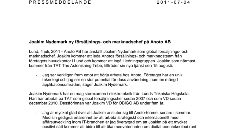 Joakim Nydemark ny försäljnings- och marknadschef på Anoto AB