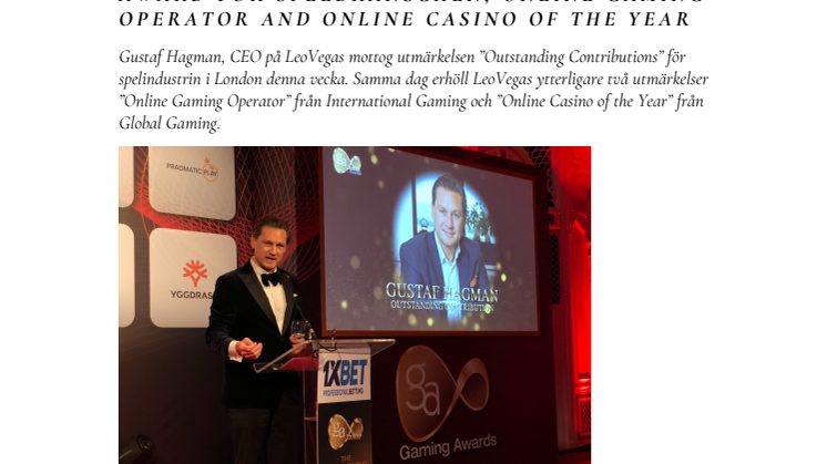 LeoVegas gör hattrick – mottar 3 utmärkelser; Outstanding Contributions Award för spelbranschen, Online Gaming Operator och Online Casino of the Year