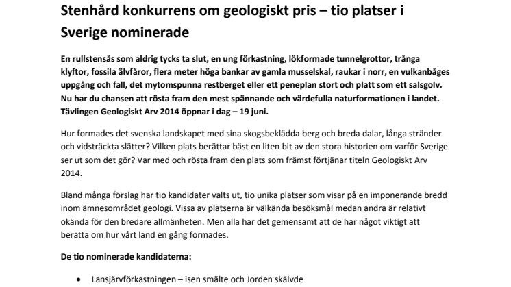 Stenhård konkurrens om geologiskt pris – tio platser i Sverige nominerade