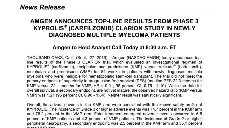 Amgen announces top-line results from Phase 3 Kyprolis (Carfilzomib) CLARION STUDY in newly diagnosed multiple myeloma patients