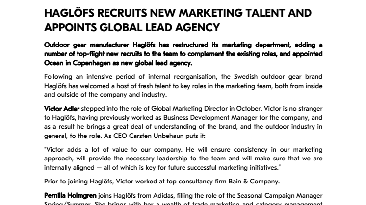 HAGLÖFS RECRUITS NEW MARKETING TALENT AND APPOINTS GLOBAL LEAD AGENCY 