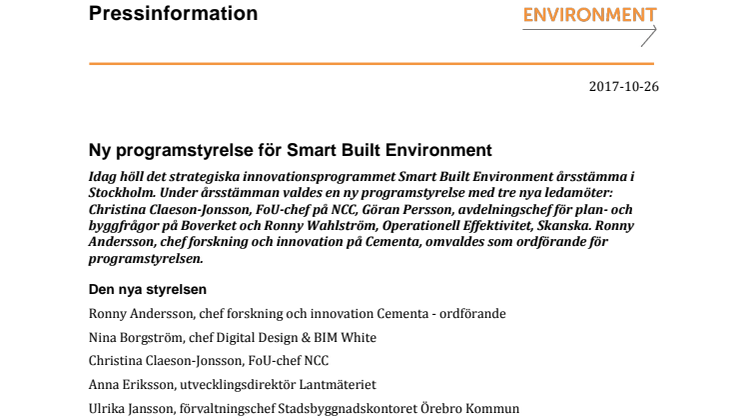 Ny programstyrelse för Smart Built Environment