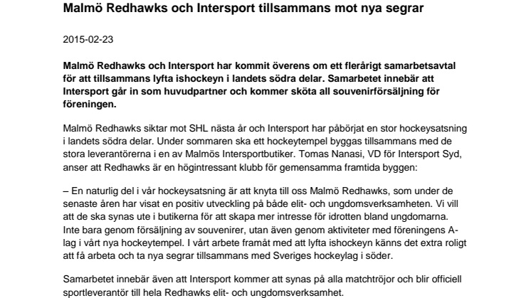 Malmö Redhawks och Intersport tillsammans mot nya segrar