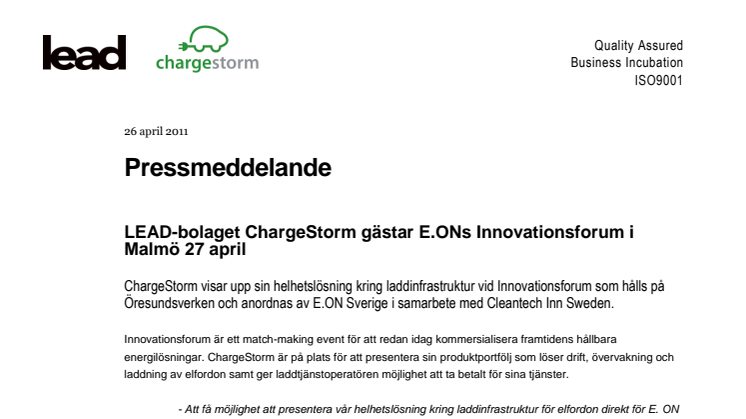 LEAD-bolaget ChargeStorm gästar E.ONs Innovationsforum i Malmö 27 april
