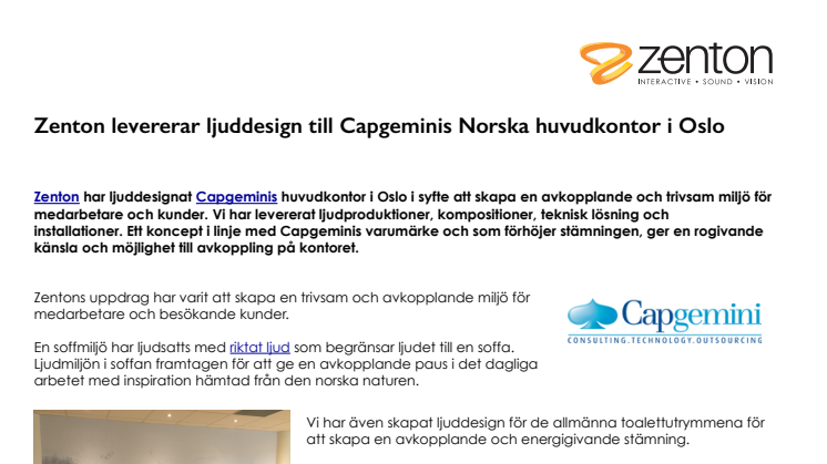 Zenton levererar ljuddesign till Capgeminis norska huvudkontor i Oslo 
