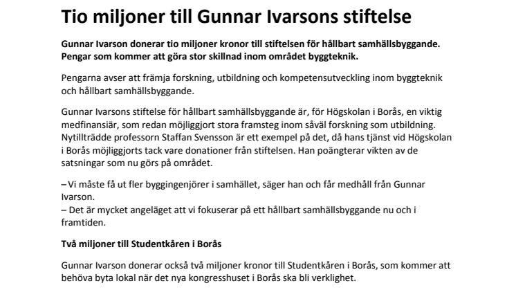 Tio miljoner till Gunnar Ivarsons stiftelse 