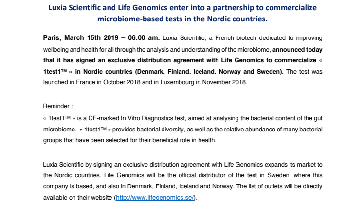 Luxia Scientific and Life Genomics enter into a partnership to commercialize microbiome-based tests in the Nordic countries.