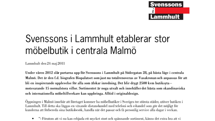 Svenssons i Lammhult etablerar stor möbelbutik i centrala Malmö