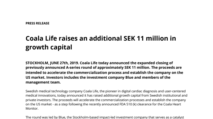 Coala Life raises an additional SEK 11 million in growth capital