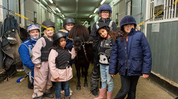 Vårens fritidsgrupp samlad; frv Johan Sandberg, Rut Hellgren, Adelfa Rosenquist, Celeste Liljenhov, ponnyn Lady, Cecilia Gustavsson, Nora Hadri och Angelina Sand. Foto: Mikael Rosenquist.