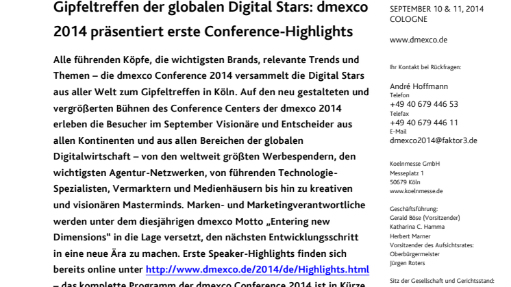 Gipfeltreffen der globalen Digital Stars: dmexco 2014 präsentiert erste Conference-Highlights