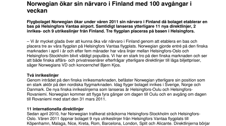 Norwegian ökar sin närvaro i Finland med 100 avgångar i veckan