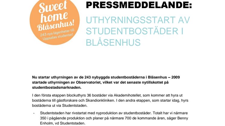 Uthyrningsstart av studentbostäder i Blåsenhus
