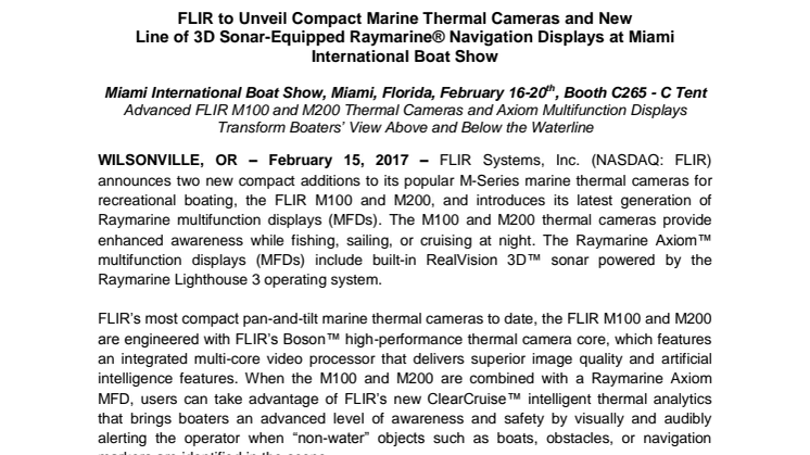 FLIR: FLIR to Unveil Compact Marine Thermal Cameras and New Line of 3D Sonar-Equipped Raymarine® Navigation Displays at Miami International Boat Show