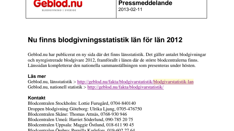 Nu finns blodgivningsstatistik län för län 2012