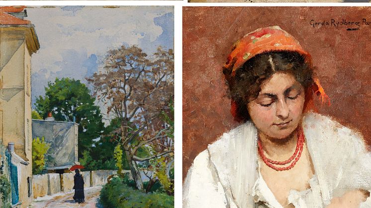 Elisabeth Keyser, A Confirmee in Normandy; Ingeborg Westfelt-Eggertz, Impression from Meudon; Jenny Nyström, A Woman Walking in Paris; Gerda Tirén, A Mother. Photo: Nationalmuseum and Stockholms Auktionsverk. 