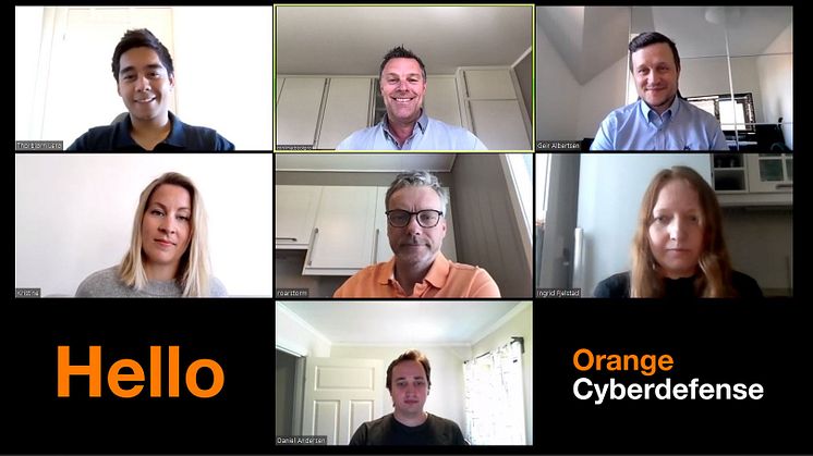 Nyansatte i Orange Cyberdefense er kommet godt i gang med arbeidet fra sine hjemmekontor. Øverst fra venstre: Torbjørn Lerø, Thomas Kronen og Geir Albertsen. Midtre rekke: Kristine Reme, Roar Storm og Ingrid Fjelstad. Nederst: Daniel Andersen.