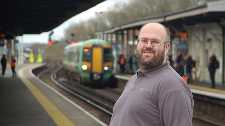 Ready for the off: Dave at his home station of Three Bridges in West Sussex