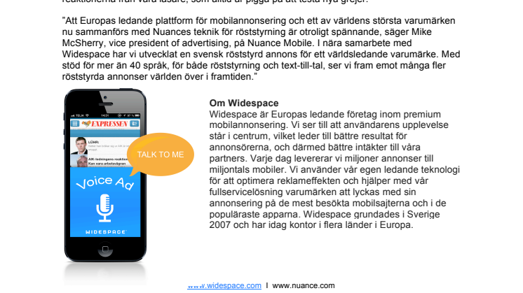 Widespace lanserar världens första röststyrda annons för mobilen, baserat på Nuances teknik