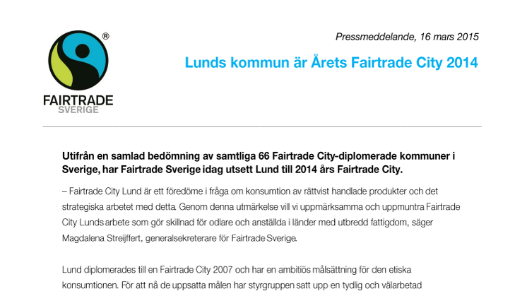 Lunds kommun är Årets Fairtrade City 2014
