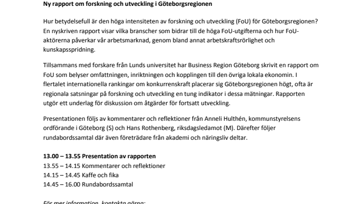 Pressinbjudan: Ny rapport om forskning och utveckling i Göteborgsregionen