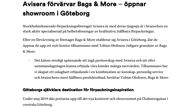 Avisera förvärvar Bags & More – öppnar showroom i Göteborg