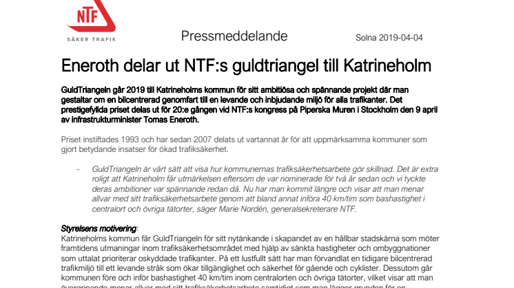 Eneroth delar ut NTF:s guldtriangel till Katrineholm