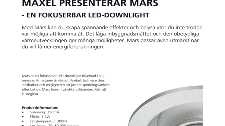 Maxel presenterar Mars, en fokuserbar LED-Downlight