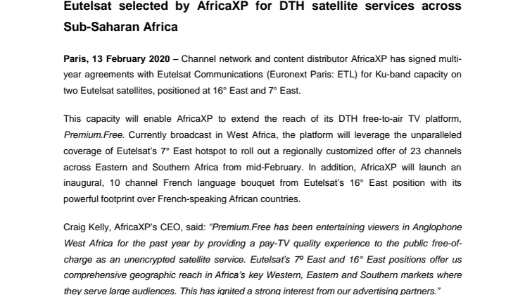 Eutelsat selected by AfricaXP for DTH satellite services across Sub-Saharan Africa  