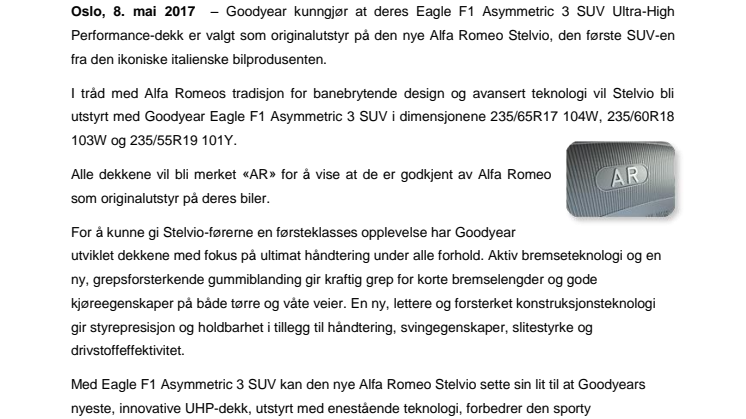 Goodyears Eagle F1 Asymmetric 3 SUV Ultra-High Performance-dekk valgt av Alfa Romeo for den nye Stelvio