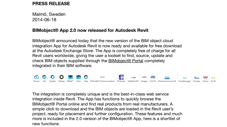 BIMobject® App 2.0 now released for Autodesk Revit