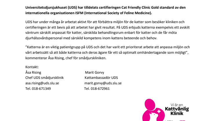 ​Universitetsdjursjukhuset - en kattvänlig klinik med guldstandard! 