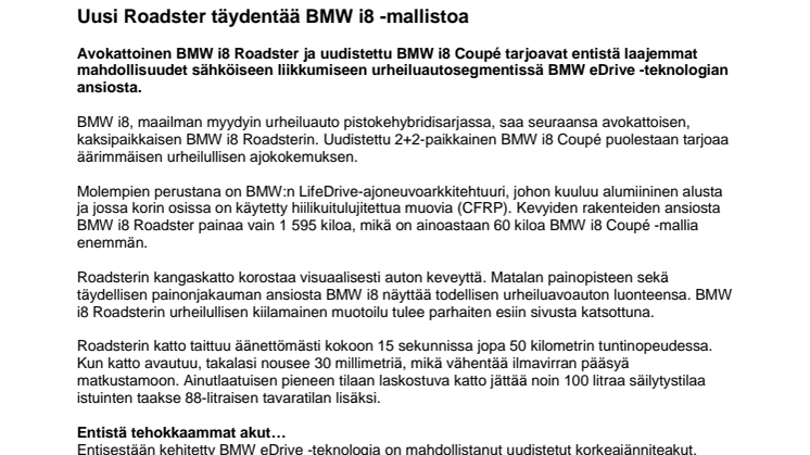 Uusi Roadster täydentää BMW i8 -mallistoa
