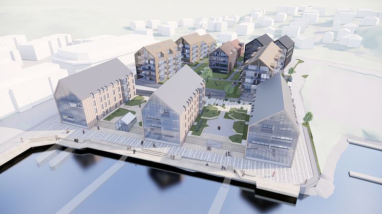 Granskning av detaljplan för bostäder och verksamhet vid Hälleflundregatan inom stadsdelen Fiskebäck är ett av ärenden som kommer upp på byggnadsnämnden den 17 maj. Visionsbild: Arkitektbyrån Design.