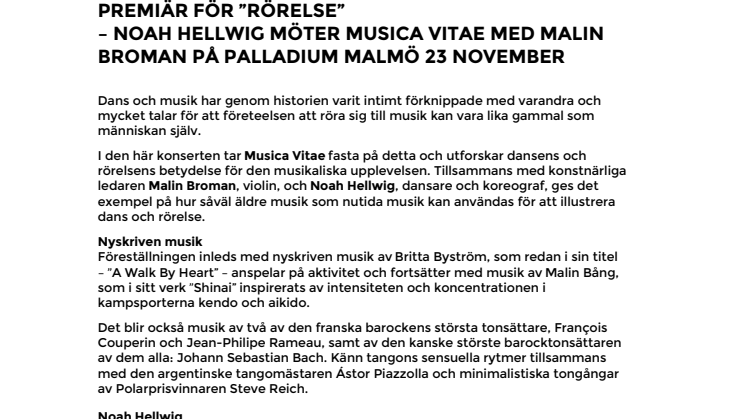 Premiär! Rörelse  – Noah Hellwig möter Musica Vitae med Malin Broman på Palladium Malmö 23 november