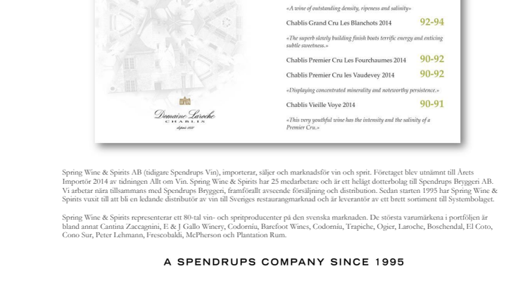 Bilaga med utmärkelser Laroche viner, PRM Spring Wine & Spirits